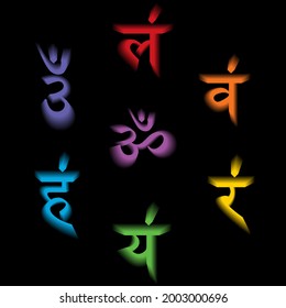 The seven bija mantras with 3D chakras set Sanskrit colorful letterig isolated on black background. Linear character illustration. Chakra colors : red, orange, yellow, green, blue, indigo, purple