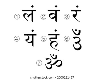 The seven bija mantras with chakras set Sanskrit black letterig isolated on the white background. Linear character illustration of Hinduism and Buddhism. For design, associated with yoga and India