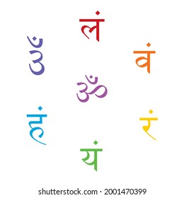 The seven bija mantras with chakras set Sanskrit colorful letterig isolated on white background. red, orange, yellow, green, blue, indigo, purple chakra colors