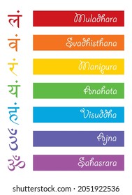 The seven bija mantras with chakras set Sanskrit colorful letterig isolated on white background. Vector colors of the chakras, symbol Hinduism, Buddhism. Design associated with yoga, India