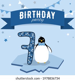 Seven birthday party invitation. Postcard with boy penguin in blue colors.