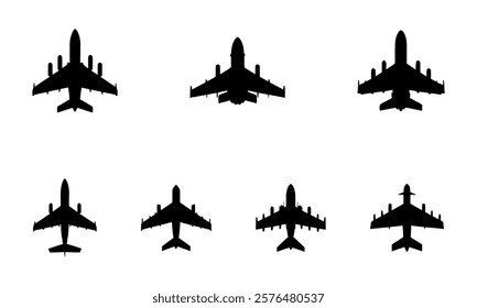 Seven Black Airplane Silhouettes Against White Background