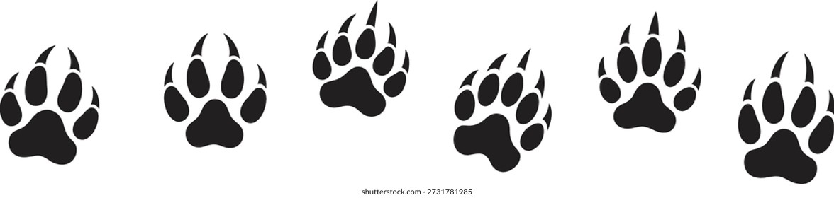 Sete estampas de patas de urso preto dispostas horizontalmente sobre um fundo branco simples