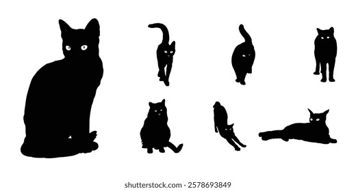 Seven Black Cat Silhouettes in Various Poses. Cat drawing, Cat icon, Cat vector.
