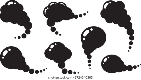 Seven black inkblot bubbles on a white background, with trails of smaller bubbles leading from each one.