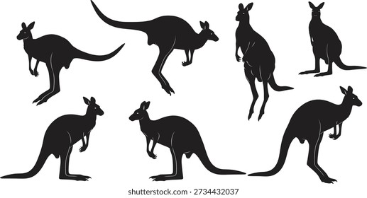 Sieben schwarze Känguru-Silhouetten in verschiedenen Posen auf einfarbigem weißem Hintergrund