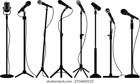 Seven Black Microphone Stands with Different Microphones on White Background