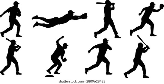 Seven black silhouettes of baseball players in dynamic action poses including batting, pitching, running, diving, and fielding, isolated on white background for sports training and design projects