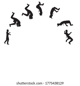 Seven black vector silhouettes of people, Hasidic Jews, Orthodox, doing a somersault.