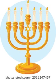 Sieben verzweigte goldene Menorah mit David Star und Central Candle Elevated Design - Temple Menorah Vector Art  