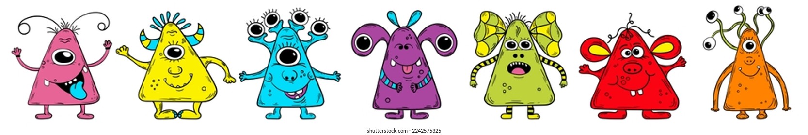 Seven brightly coloured monsters with triangular bodies. Multicoloured aliens. Microbe set.