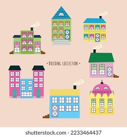 seven buildings constructions hand draw