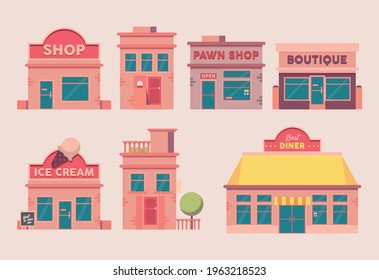seven buildings facades set icons