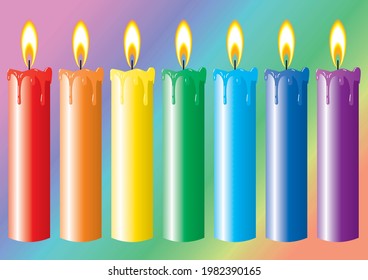 Seven burning candles painted in rainbow colors. Vector drawing for design. 