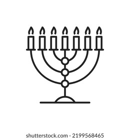 Seven candles Hanukkah Menorah isolated line art. Vector jewish candlestick, Judaism symbol candelabra. Seven-branched menorah used in ancient Temple in Jerusalem. Retro candelabrum of Jewish religion