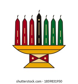 Seven candles in kinara - isolated vector illustration. Kinara is main traditional symbol of Kwanzaa, festival of african-american unity. Candlestick with green, red and black candles