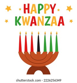 Seven candles in kinara. Vector illustration of Happy Kwanzaa. Holiday african symbols with lettering on white background.