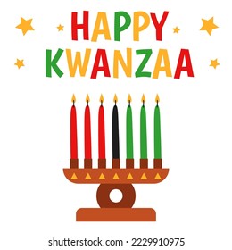 Seven candles in kinara. Vector illustration of Happy Kwanzaa. Holiday african symbols with lettering on white background.