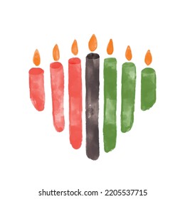 Seven candles for Kwanzaa festival celebration - Mishumaa. Artistic watercolor textured vector green, red, black burning candles. African American ethnic heritage celebration