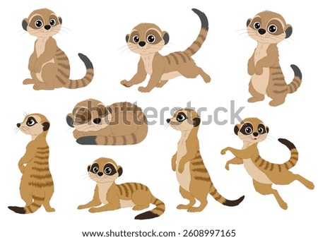 Seven cartoon meerkats in various poses suitable for childrens books, educational materials, and wildlifethemed designs. Cute and versatile illustrations.
