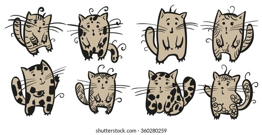 seven cats stand and entertain one cat who sits
