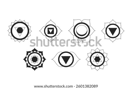 Seven chakra symbols 2D line objects set. Spiritual sacred geometry. Holistic alternative healing energy centers isolated cliparts vector ink outline items. Monochrome spot illustrations collection