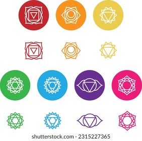 Seven chakra symbols. Isolated symbols in seven colors and white symbols in colored circles. Root, sacral, solar plecus, heart, throat, third eye and crown.