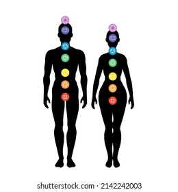 Seven chakra system in human body, infographic with male and female silhouette, standing man  woman, vector illustration