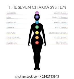 Seven Chakra System In Human Body, Infographic With Female Silhouette, Standing Woman, Vector Illustration