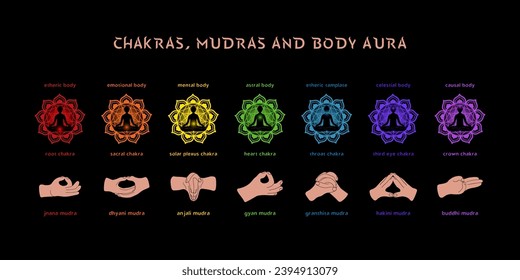 Seven chakras, aura layers and mudras. Infographic for spiritual practices. Vector illustration on black background. 