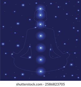 Seven chakras, aura, man in meditation pose against dark blue starry sky, silhouette, meditation, yoga, aura