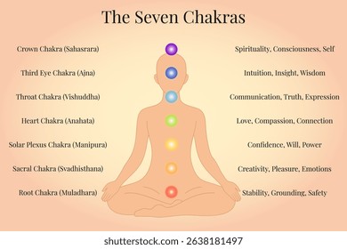 Seven Chakras Chart with Names and Meanings, Vector Illustration