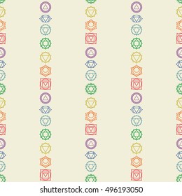 Seven chakras icons seamless pattern.Yoga,meditation,reiki,ayurveda and buddhism vector colored simbol.Abstract geometric hinduism background.7 human energy centers.Vector illustration.Color Wallpaper