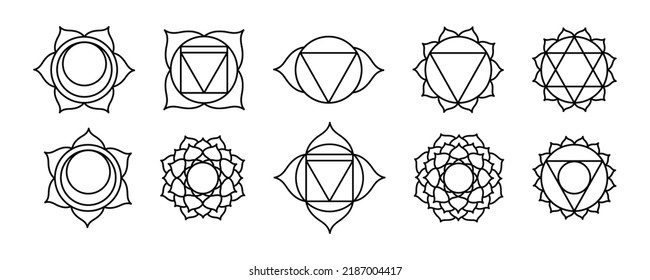 Seven chakras line art symbols signs, mystical esoteric, yoga and meditation. Buddhism, Hinduism. Set of outline Chakra meaning seven meditation wheel used in variety of ancient spiritual practices.