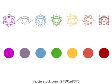 El Set de Vector multicolor Seven Chakras. Símbolos de chakras de colores del arco iris, chakras principales multicolores