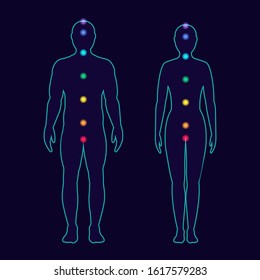 seven chakras on the human body. full-length silhouettes of a man and a woman. vector illustration.