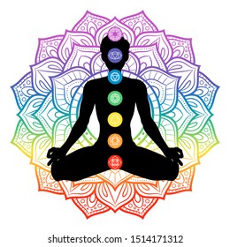 Seven chakras on meditating yogi man silhouette, vector illustration
