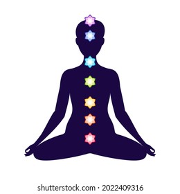 Seven chakras on meditating yogi woman silhouette, vector illustration.