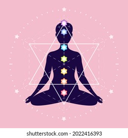 Seven chakras on meditating yogi silhouette of a woman sitting in the lotus position and the signs of sacred geometry. symbol of harmony and balance. vector illustration.