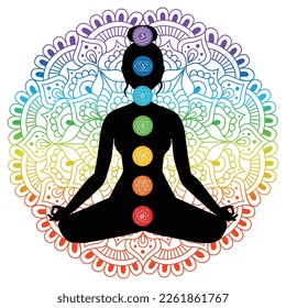 Seven chakras on meditating yogi woman silhouette,Human silhouette in yoga pose with chakras. vector illustration