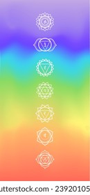 Seven chakras on rainbow gradient background. Vertical vector illustrations