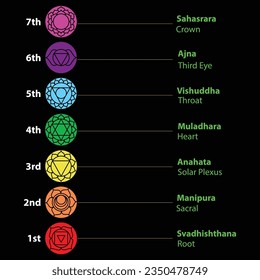 Seven chakras Set of seven chakra symbols with names. This is religion, philosophy, and spirituality symbols. vector illustration. on background
