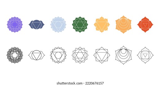 Seven chakras vector icons set. Color and black and white symbols of energetic yogi centers. 