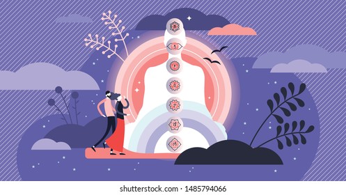 Seven chakras vector illustration. Flat tiny energy center person concept. Spiritual meditation yoga pose with aura and esoteric point visualization. Alternative medicine treatment and harmony balance