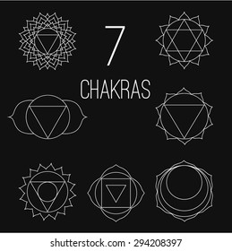 The seven chakras vector set style white on the black background. Linear character illustration of Hinduism and Buddhism. For design, associated with yoga and India.