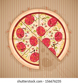 Seven characters, pizza. Funny illustration, humor