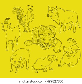 Seven Chinese calendar animals, rooster, cat, pig, rat, goat, tiger and ox. For your convenience, each significant element is in a separate layer. eps10