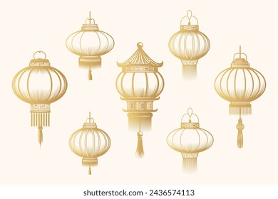 Seven Chinese traditional  golden lanterns set.  Hand drawn collection of Feng Shui symbols and decor elements isolated on white background. Vector illustration for greeting cards and print.