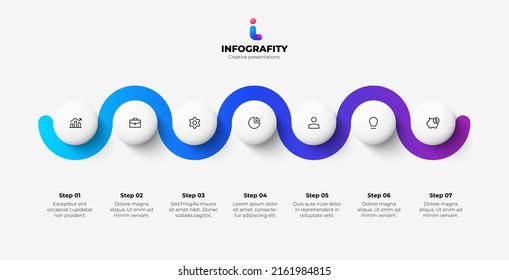 Seven circles placed in horizontal row connected by a curved line. Concept of 7 stages of marketing strategy. Modern infographic design template.