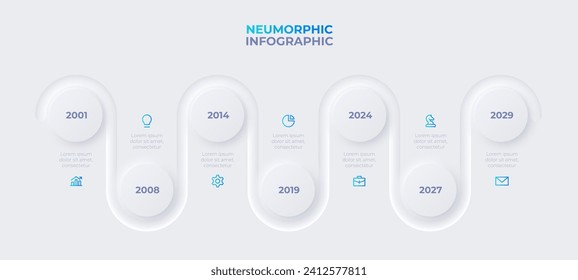 Seven circles with zigzag line. Concept of 7 steps timeline. Neumorphic infographic design template